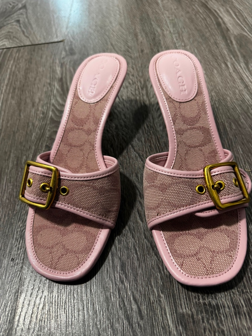 Coach Pink Monogram Buckle Mules with Gold-Tone Hardware